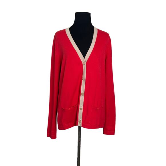 Jones New York red cream trim long sleeves buttoned cardigan size M - Picture 6 of 10